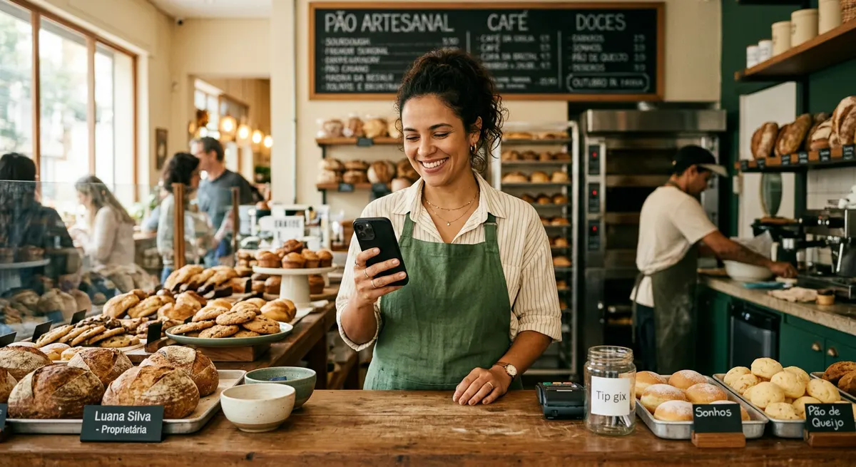 Empresária acompanhando o painel financeiro da empresa pelo celular