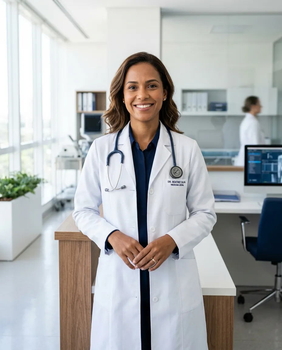 Médica sorridente em seu consultório
